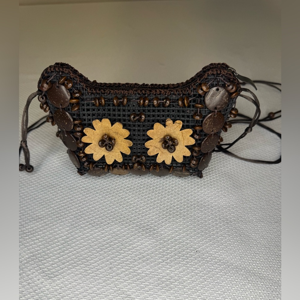 Handmade Coconut Shell Disc Crossbody Mini Bag Boho Floral Folk Art Beach Purse